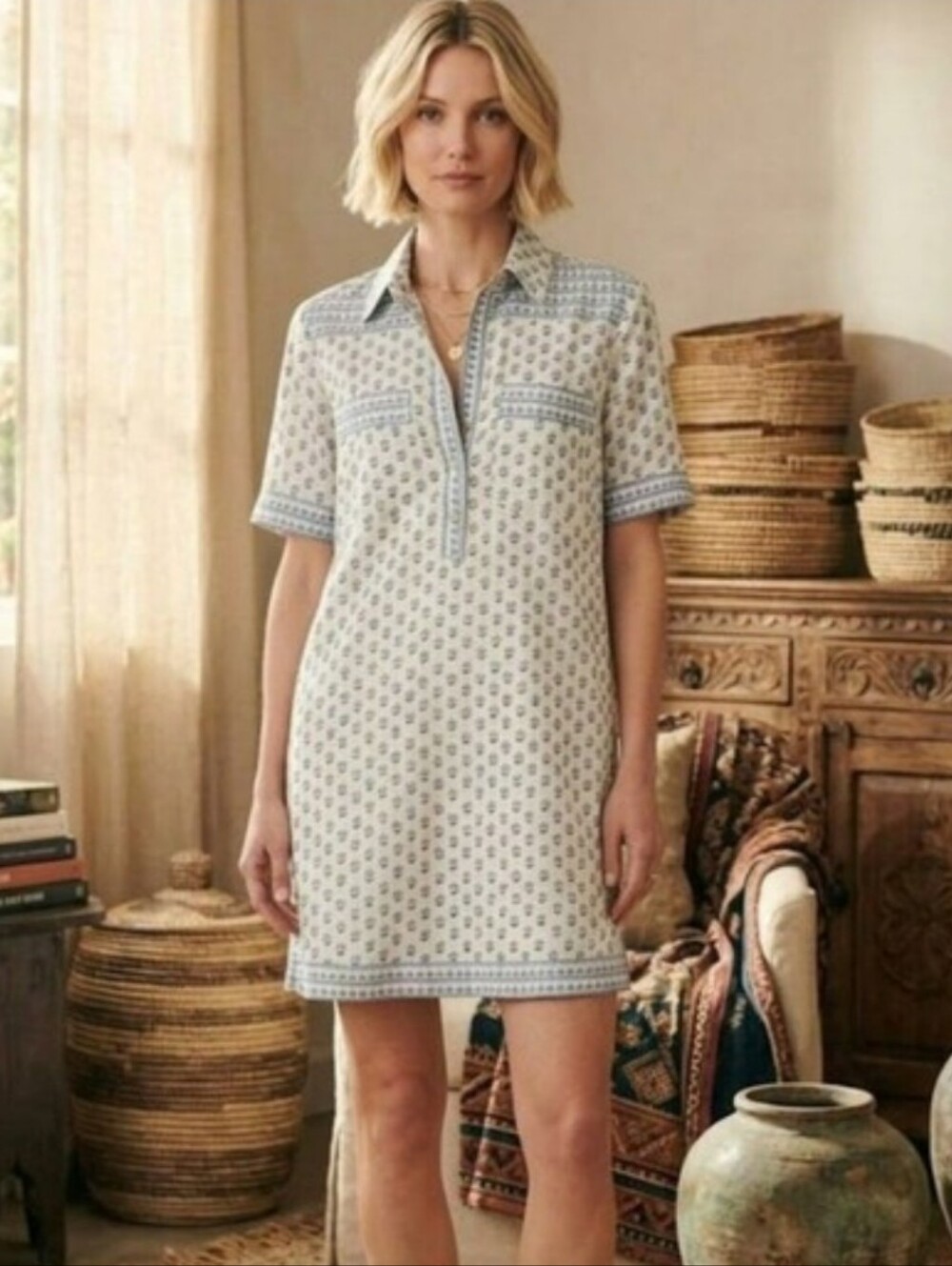 Faherty Rae Dress White Lotus Floral Print Linen Blend Size Small NWT